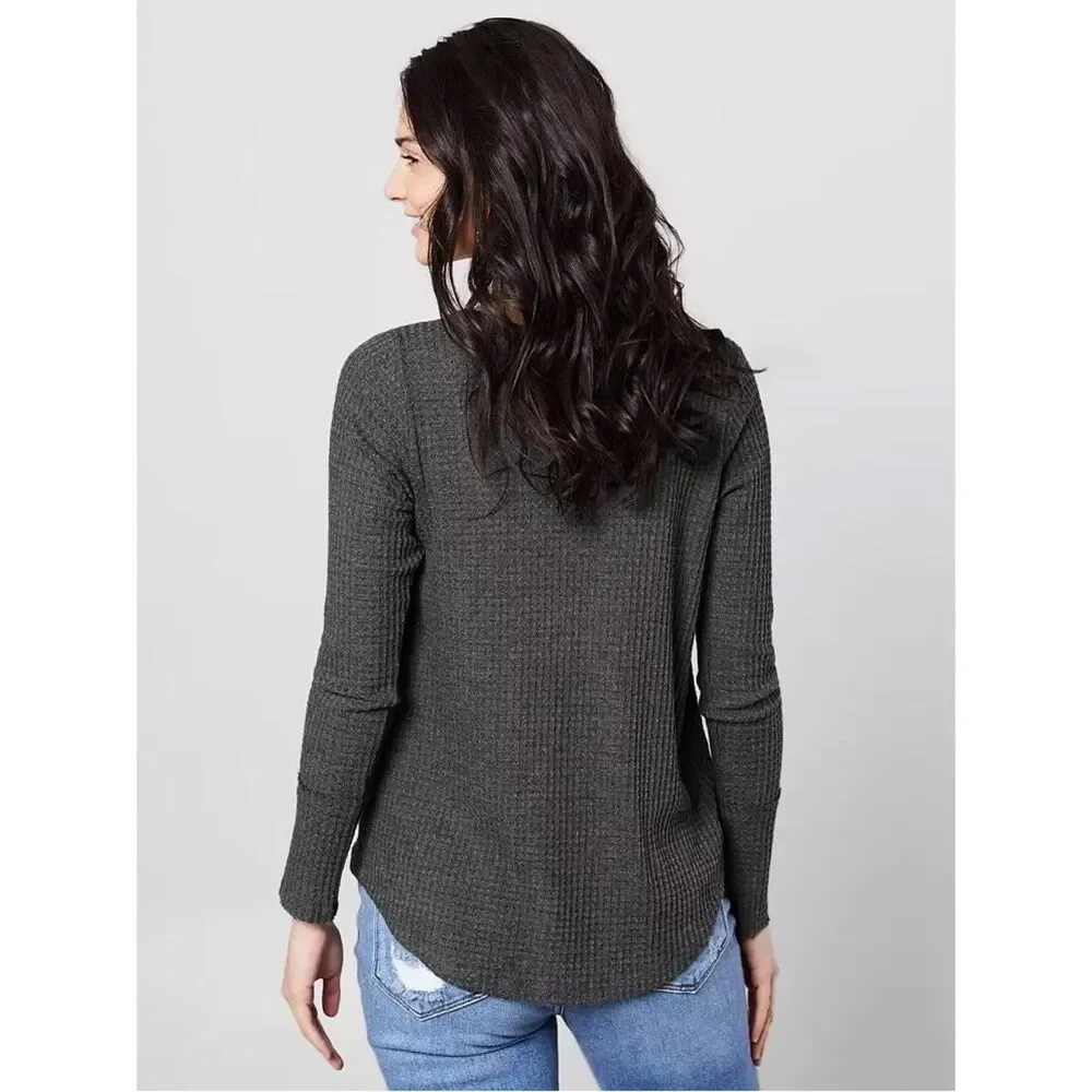 Daytrip Surplice Top Long Sleeve Waffle Knit Top in Charcoal Gray
